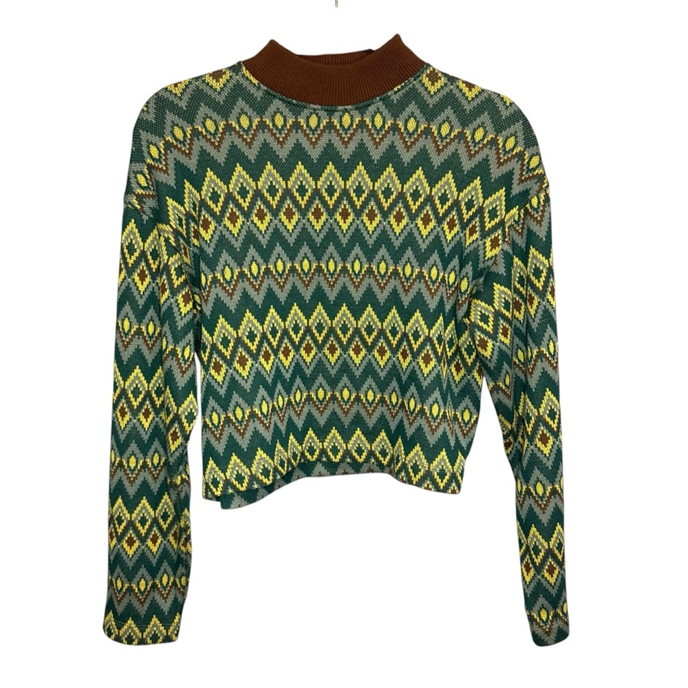 Zara green, yellow, brown geometric pattern cropped sweater size small
